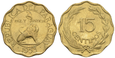 Парагвай 15 сентимо 1953 лев, фригийский колпак на шесте KM 26 алюминиевая бронза  aUNC  4177-537