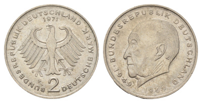 ФРГ 2 марки 1971 F, Конрад Аденауэр KM 124, J. 406 медно-никель 3459-951