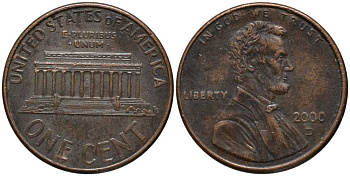 США 1 ЦЕНТ 2000 D, ЛИНКОЛЬН KM 201b цинк плакированный медью 112-631