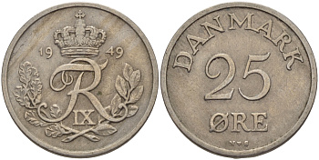 Дания 25 эре 1949 N; S, Фредерик IX (1947-1972) KM 842.1 медно-никель 28-355