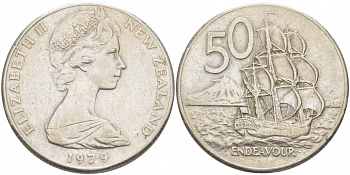 Новая Зеландия 50 центов 1979 Елизавета II (1952-2022), парусник Индевор KM 37.1 медно-никель 215-212
