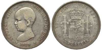 Испания 5 песет 1889 MP-M, Альфонсо XIII (1886-1931) KM 689 серебро 1525-233