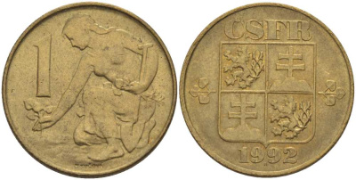 ЧЕШСКАЯ И СЛОВАЦКАЯ ФЕДЕРАТИВНАЯ РЕСПУБЛИКА 1 КРОНА 1991 ЧСФР KM 151 медь алюминий 4514-817