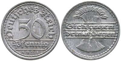 ГЕРМАНИЯ 50 ПФЕННИГОВ 1921 GF KM 27, J. 301 алюминий 24-957