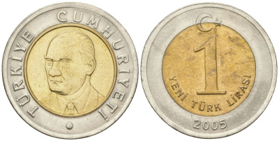 Турция 1 новая лира 2005 KM 1169 биметалл 4610-1142