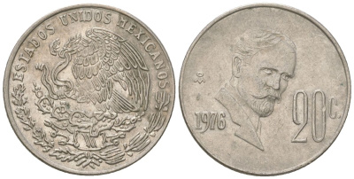 Мексика 20 сентаво 1976 Франциско Индалеси KM 442 медно-никель 4611-845