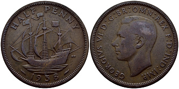 Великобритания 1/2 пенни 1938 Георг VI (1936-1952) KM 844, Spink 4115 бронза 62-735