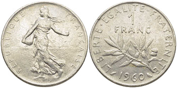 ФРАНЦИЯ 1 ФРАНК 1960 СЕЯТЕЛЬ KM 925.1, LE FRANC 226.4 никель 175-511