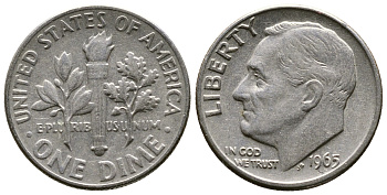 США 10 ЦЕНТОВ = 1 ДАЙМ 1965 РУЗВЕЛЬТ KM 195а медь плакированная медно-никелем 08-1327