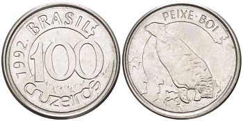 БРАЗИЛИЯ 100 КРУЗЕЙРО 1992 РЕФОРМА 1990-1993, ЛАМАНТИН KM 623 нержавеющая сталь 4392-154