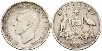 Австралия 6 пенсов 1942 S Георг VI (1937-1952), герб Австралии KM 38 серебро    4115-127