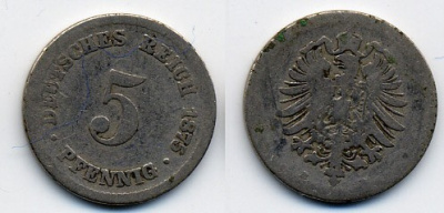ГЕРМАНИЯ 5 ПФЕННИГОВ 1875 B, СТАРОГЕРБОВКА KM 3, J.3 медно-никель 46-411