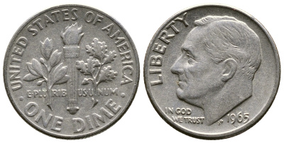США 10 ЦЕНТОВ = 1 ДАЙМ 1965 РУЗВЕЛЬТ KM 195а медь плакированная медно-никелем 08-1327