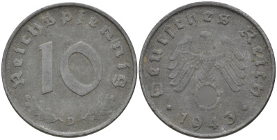 Германия 10 рейхспфеннигов 1943 D KM 101, J. 371 цинк 4151-346