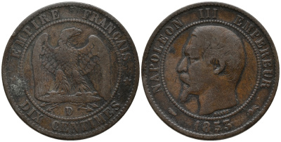 Франция 10 сантимов 1853 D, Наполеон III (1852-1870) KM 771.4, Le Franc 133 бронза 32-931