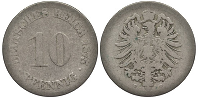 ГЕРМАНИЯ 10 ПФЕННИГОВ 1875 E, СТАРОГЕРБОВКА KM 4, Jager 4, Weege 7 медно-никель 4546-1125
