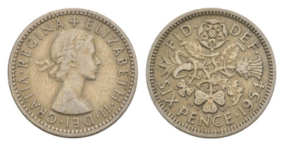 Великобритания 6 пенсов 1954 Елизавета II (1952-2022) KM 903, Spink 4149 медно-никель 4643-855