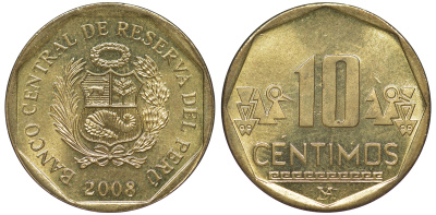 Перу 10 сентимо 2008 KM 305.4 латунь aUNC 4605-616