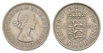 Великобритания 1 шиллинг 1959 Елизавета II (1952-2022), Английский герб KM 904, Spink 4147 медно-никель 4167-332