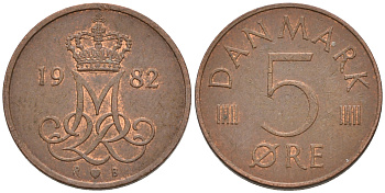 ДАНИЯ 5 ЭРЕ 1982 R; B, МАРГРЕТЕ II (1972-) KM 859.3 железо плакированное медью 4564-1168