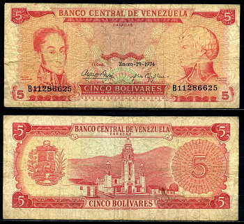 Венесуэла 5 боливаров 1974 29 января 1974, Sim?n Bol?var, Francisco de Miranda Pick 50h бумага 8621-49-1-1