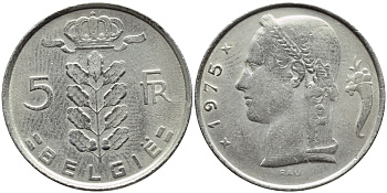 Бельгия 5 франков 1975 Belgie, Бодуэн I (1951-1993) KM 135.1 медно-никель 4110-1024