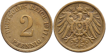ГЕРМАНИЯ 2 ПФЕННИГА 1911 G KM 16, Jager 11, Weege 4 медь 4546-715