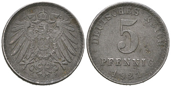 Германия 5 пфеннигов 1921 A, Вильгельм II (1888-1918) KM 19, J. 297 железо плакированная цинком 4615-741