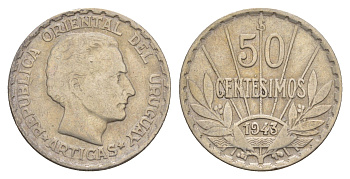 Уругвай 50 сентесимо 1943 Хосе Хервасио Артигас, год-тип KM 31 серебро 4654-927