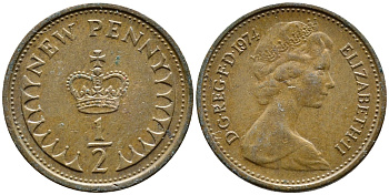 Великобритания 1/2 пенни 1974 Елизавета II (1952-2022) KM 914, Spink 4239 бронза 4392-469