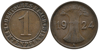 Германия 1 рентенпфенниг 1924 A KM 30, J. 306, Weege 1 бронза 39-836