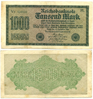 ГЕРМАНИЯ 1000 МАРОК 1922 15 СЕНТЯБРЯ 1922, ВОДЯНОЙ ЗНАК G, БЕЛАЯ БУМАГА Pick 76e бумага 7548-19-3