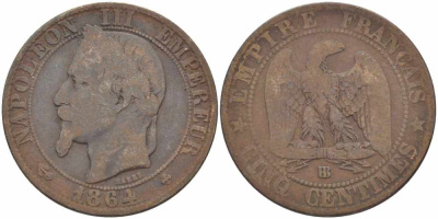 ФРАНЦИЯ 5 САНТИМОВ 1864 BB, НАПОЛЕОН III (1852-1870) KM 797.2, LE FRANC 117.12 бронза 108-611