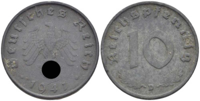 ГЕРМАНИЯ 10 РЕЙХСПФЕННИГОВ 1941 D KM 101, J. 371 цинк 4401-715