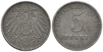 Германия 5 пфеннигов 1921 A, Вильгельм II (1888-1918) KM 19, J. 297 железо плакированная цинком 4615-741