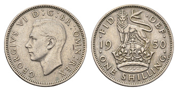Великобритания 1 шиллинг 1950 Георг VI (1936-1952), Английский герб KM 876, Spink 4108 медно-никель 4695-731