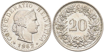 Швейцария 20 раппенов 1962 В KM 29a медно-никель 55-827