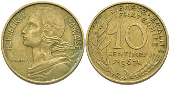 ФРАНЦИЯ 10 САНТИМОВ 1963 ТИП MARIANE KM 929, LE FRANC 144.3 алюминиевая бронза 116-417