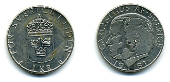 Швеция 1 крона 1981 Карл XVI Густав (1973- ) KM 852 медь плакированная медно-никелем 37-817