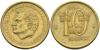 Швеция 10 крон 1991 D, Карл XVI Густав (1973- ) KM 877 медь алюминий цинк 4592-145