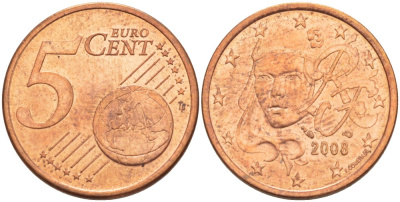 Франция 5 евроцентов 2008 KM 1284 сталь плакированная медью 216-1211