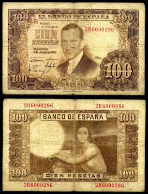 Испания 100 песет 1953 7 апреля 1953, Хулио Ромеро де Торрес Pick 145а бумага 8617-13-1-1