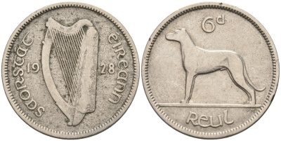 Ирландия 6 пенсов 1928 собака, ирландский волкодав KM 5 никель 202-451