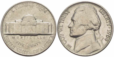 США 5 ЦЕНТОВ 1964 ДЖЕФФЕРСОН KM А192 медно-никель 4364-1227