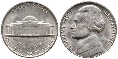 США 5 ЦЕНТОВ 1981 P, ДЖЕФФЕРСОН KM А192 медно-никель 4364-631