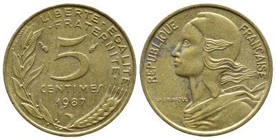 ФРАНЦИЯ 5 САНТИМОВ 1987 ТИП MARIANNE KM 933 медь алюминий никель 93-1313