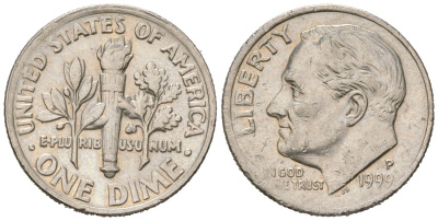 США 10 центов (дайм) 1999 P, президент Рузвельт KM 195a медь плакированная медно-никелем UNC 218-243