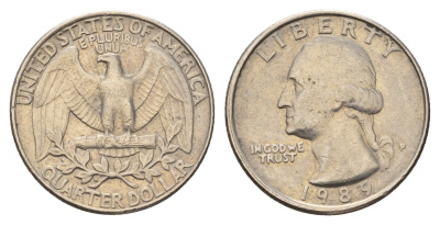 США 25 центов (квотер) 1989 P, Джордж Вашингтон KM А164а медь плакированная медно-никелем 4681-322