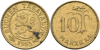 Финляндия 10 марок 1953 H KM 38 алюминиевая бронза 4595-112