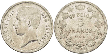 БЕЛЬГИЯ 5 ФРАНКОВ 1931 АЛЬБЕРТ I, DES BELGES KM 97.1 никель 3851-212
